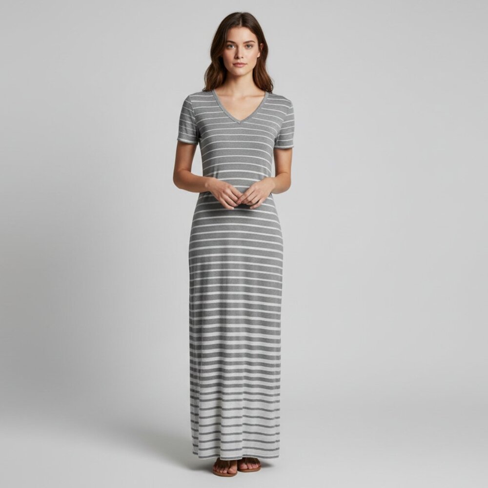 Michael Kors V Neck Striped Maxi Tee Dress Medium